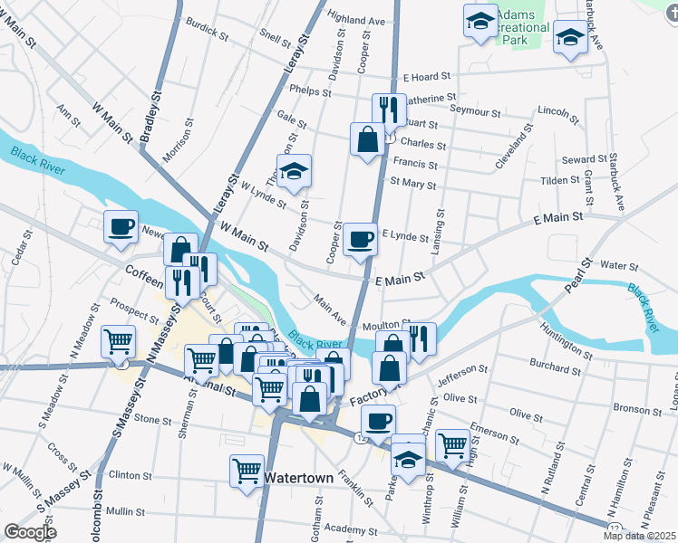 map of restaurants, bars, coffee shops, grocery stores, and more near 144 West Main Street in Watertown