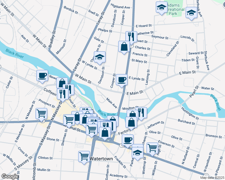 map of restaurants, bars, coffee shops, grocery stores, and more near 148 West Main Street in Watertown