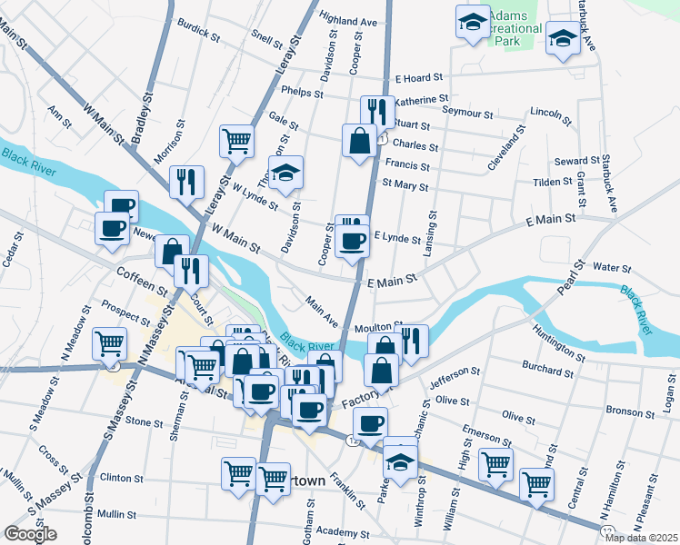 map of restaurants, bars, coffee shops, grocery stores, and more near 102 West Main Street in Watertown