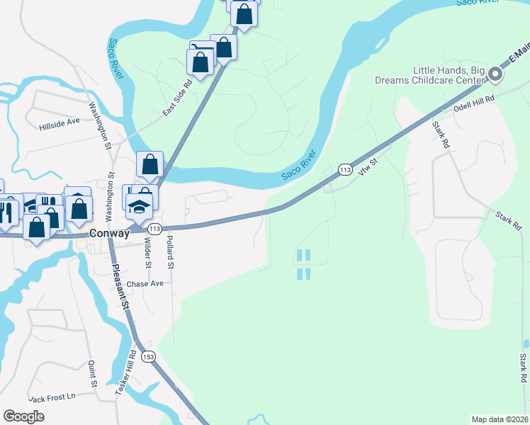 map of restaurants, bars, coffee shops, grocery stores, and more near 224 East Main Street in Conway