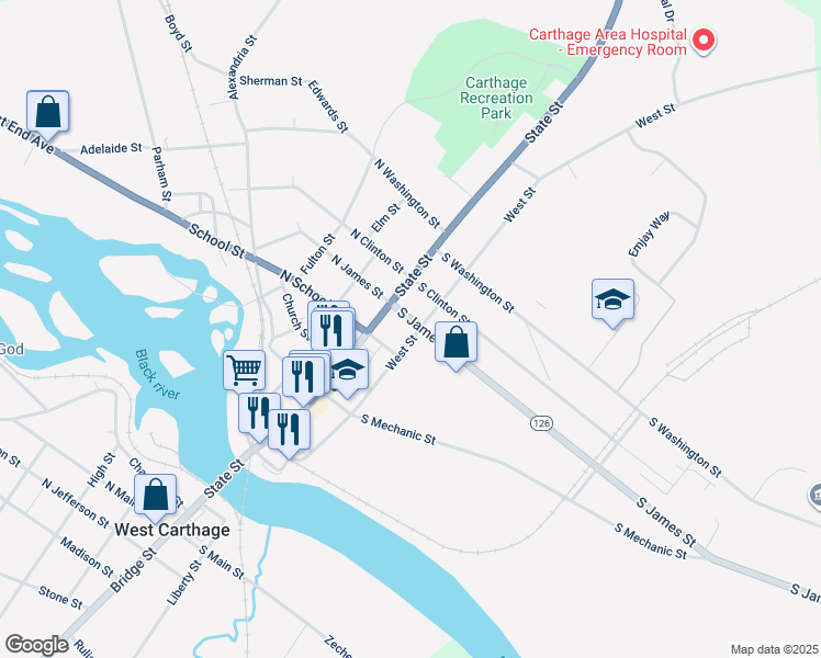 map of restaurants, bars, coffee shops, grocery stores, and more near 116 South James Street in Carthage