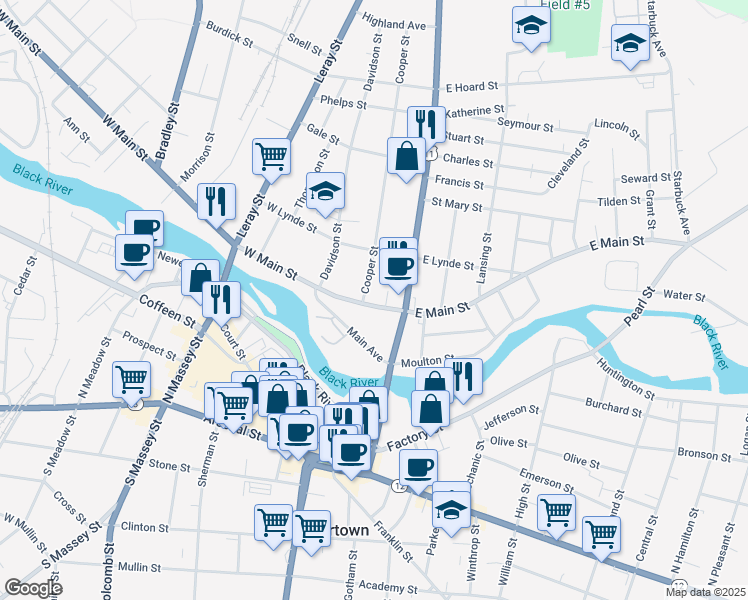 map of restaurants, bars, coffee shops, grocery stores, and more near 128 West Main Street in Watertown