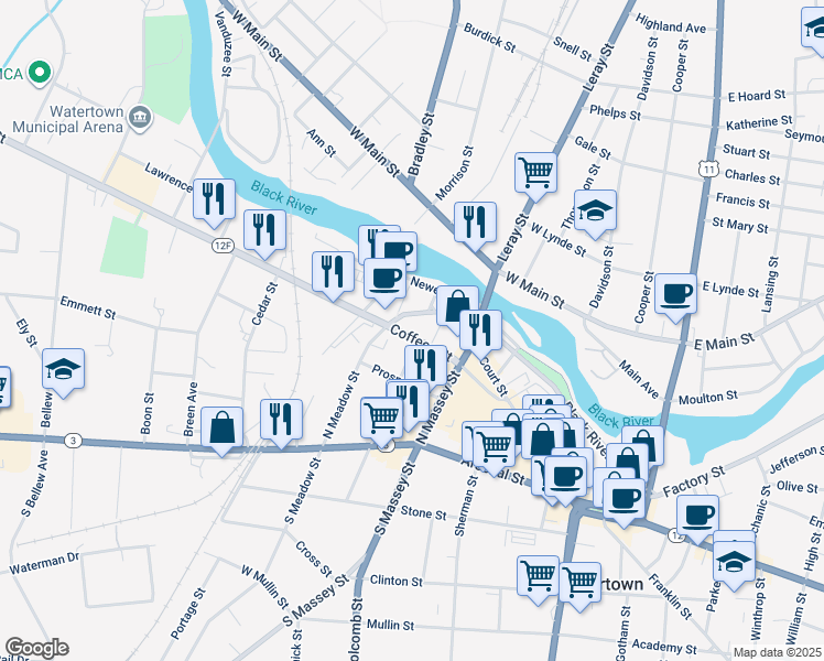 map of restaurants, bars, coffee shops, grocery stores, and more near 315 Waltham Street in Watertown