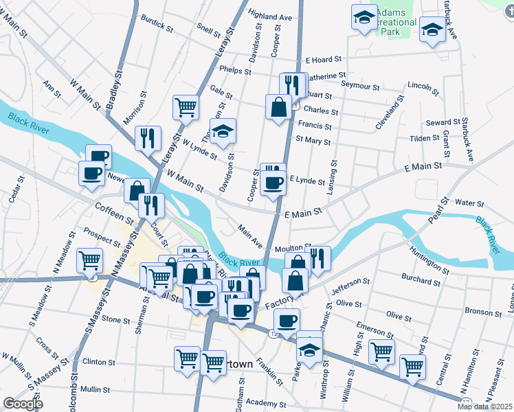 map of restaurants, bars, coffee shops, grocery stores, and more near 138 West Main Street in Watertown