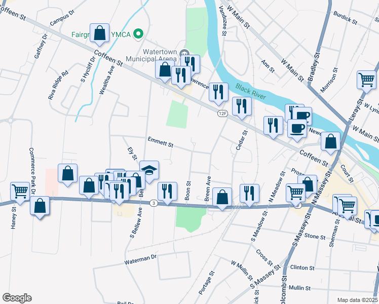 map of restaurants, bars, coffee shops, grocery stores, and more near 193 Boon Street in Watertown