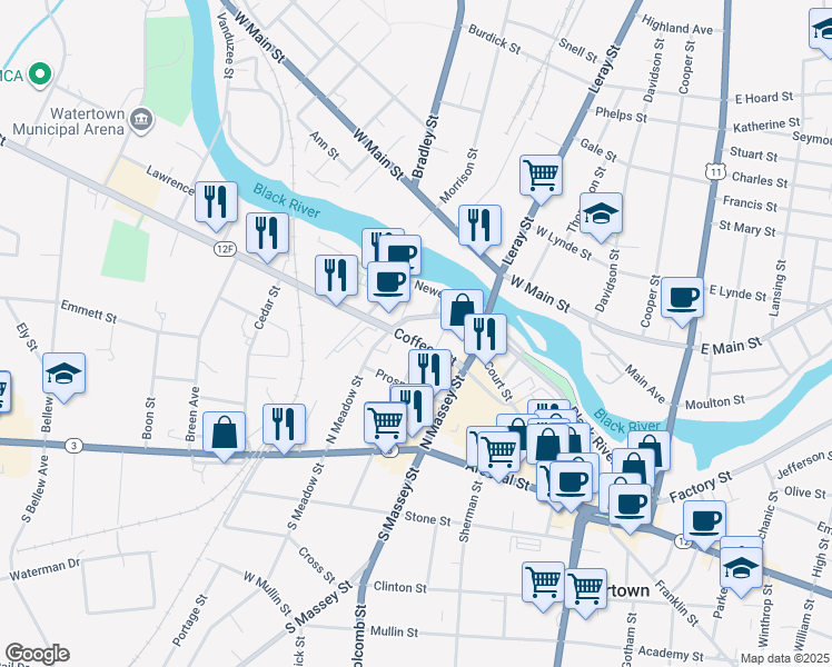 map of restaurants, bars, coffee shops, grocery stores, and more near 315 Waltham Street in Watertown
