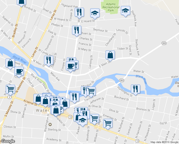 map of restaurants, bars, coffee shops, grocery stores, and more near East Main Street & Lansing Street in Watertown