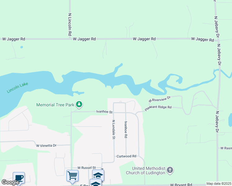 map of restaurants, bars, coffee shops, grocery stores, and more near 6096 Arrow Road in Ludington