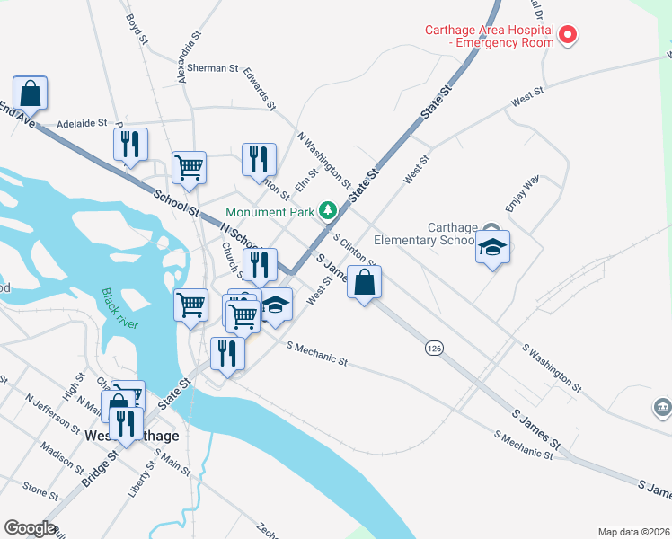map of restaurants, bars, coffee shops, grocery stores, and more near 199 South James Street in Carthage