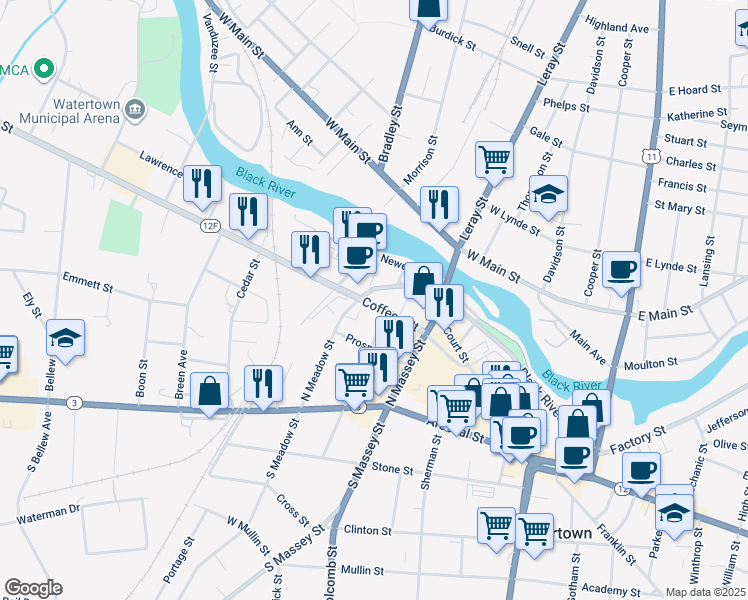 map of restaurants, bars, coffee shops, grocery stores, and more near 468 Coffeen Street in Watertown