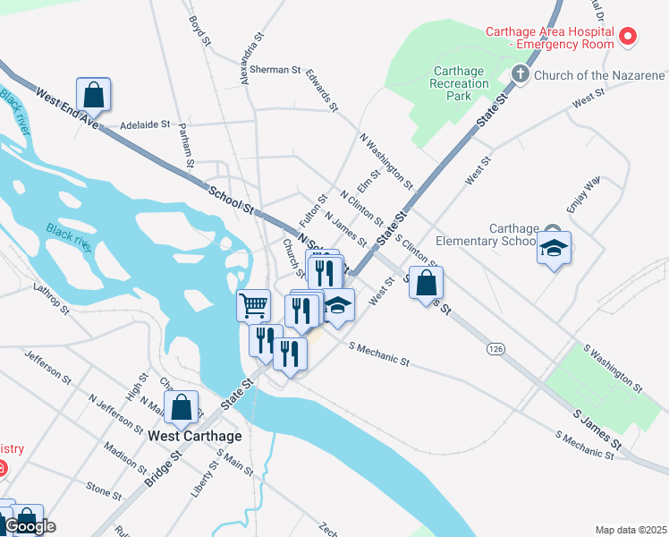 map of restaurants, bars, coffee shops, grocery stores, and more near 418 Budd Street in Carthage
