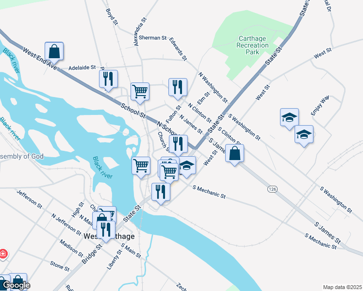 map of restaurants, bars, coffee shops, grocery stores, and more near 418 Budd Street in Carthage