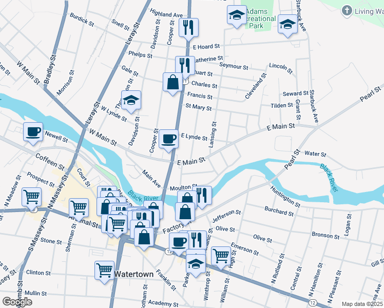 map of restaurants, bars, coffee shops, grocery stores, and more near 516 Mundy Street in Watertown