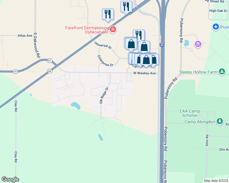 map of restaurants, bars, coffee shops, grocery stores, and more near 3145 White Tail Lane in Oshkosh