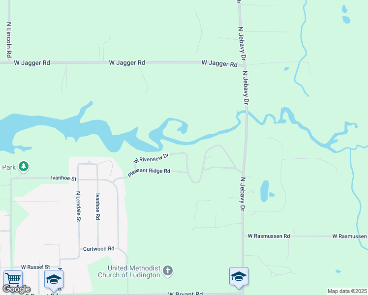 map of restaurants, bars, coffee shops, grocery stores, and more near 5800 West Riverview Drive in Ludington