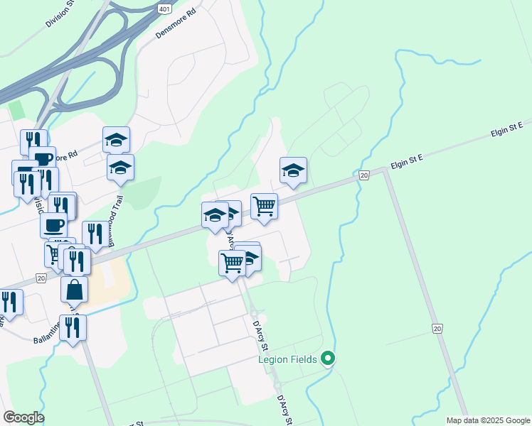 map of restaurants, bars, coffee shops, grocery stores, and more near 327 Elgin Street East in Cobourg