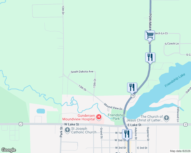 map of restaurants, bars, coffee shops, grocery stores, and more near 1906 13th Ct in Friendship