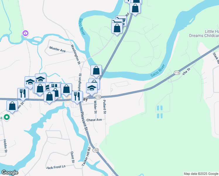 map of restaurants, bars, coffee shops, grocery stores, and more near 27 River Street in Conway