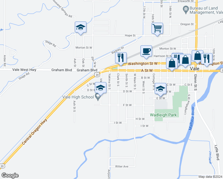 map of restaurants, bars, coffee shops, grocery stores, and more near 386 Yakima Street South in Vale