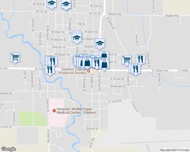 map of restaurants, bars, coffee shops, grocery stores, and more near 120 West Grout Street in Gladwin