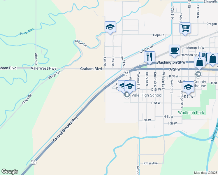 map of restaurants, bars, coffee shops, grocery stores, and more near 1123 C Street West in Vale