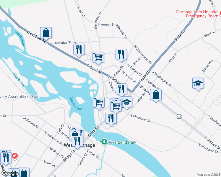 map of restaurants, bars, coffee shops, grocery stores, and more near 207 Church Street in Carthage