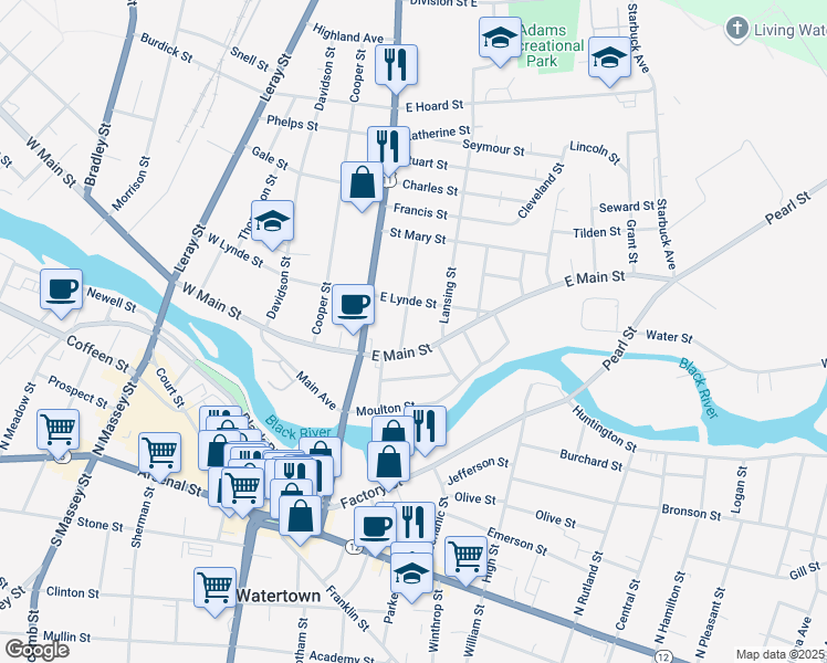 map of restaurants, bars, coffee shops, grocery stores, and more near 516 Mundy St in Watertown