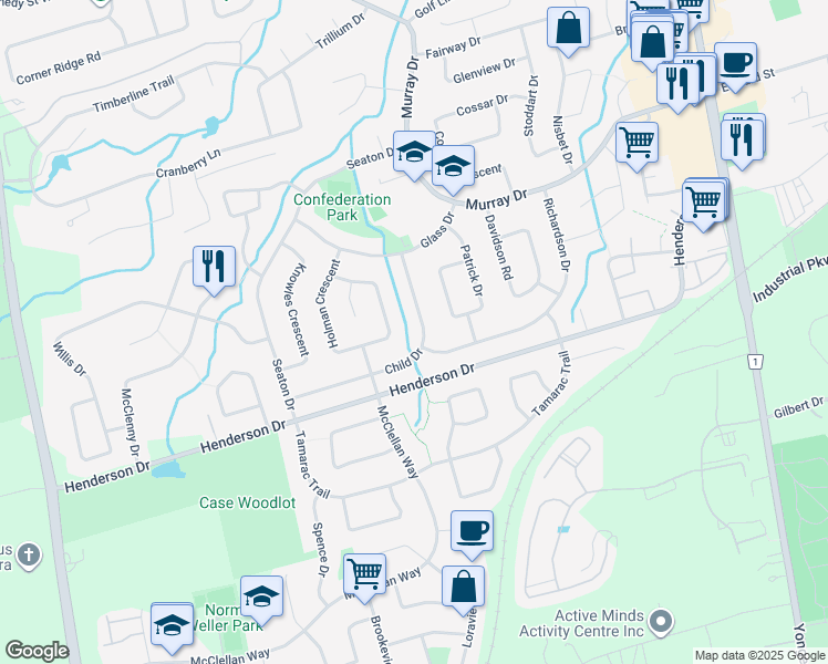 map of restaurants, bars, coffee shops, grocery stores, and more near 32 Child Drive in Aurora