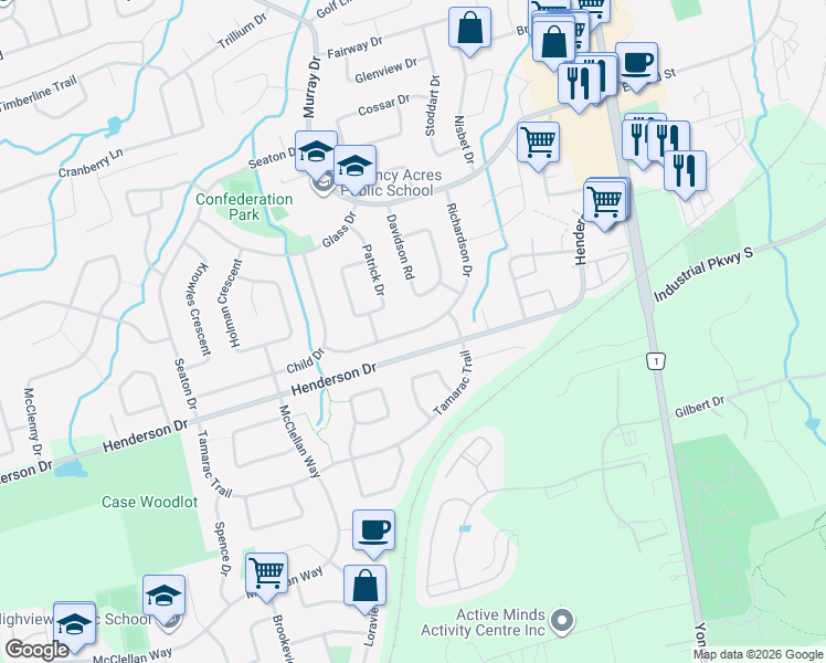 map of restaurants, bars, coffee shops, grocery stores, and more near Richardson Drive in Aurora