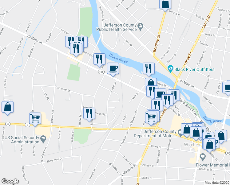 map of restaurants, bars, coffee shops, grocery stores, and more near 588 West Prospect Street in Watertown