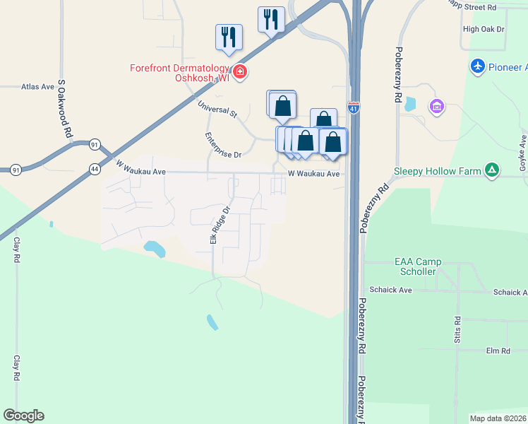 map of restaurants, bars, coffee shops, grocery stores, and more near 3160 White Tail Lane in Oshkosh