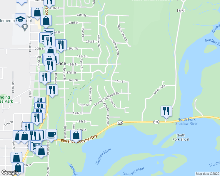 map of restaurants, bars, coffee shops, grocery stores, and more near 1501 Willow Loop in Florence