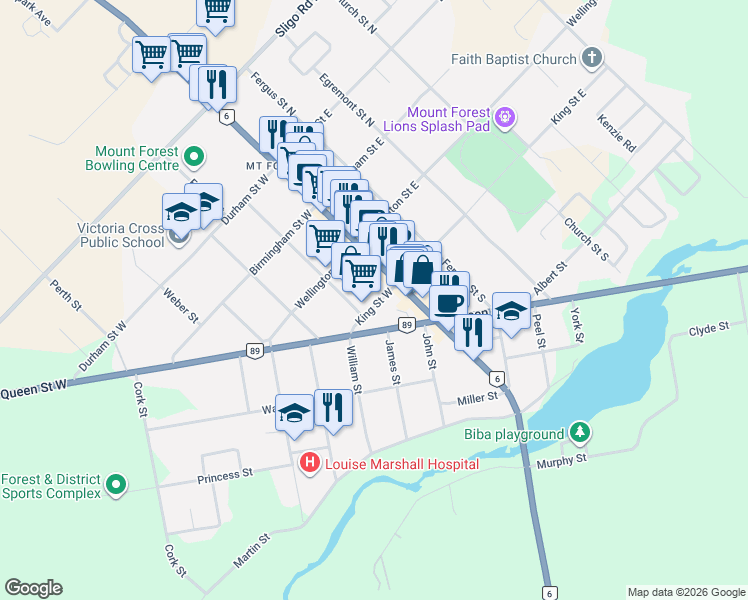 map of restaurants, bars, coffee shops, grocery stores, and more near 165 King Street West in Wellington North