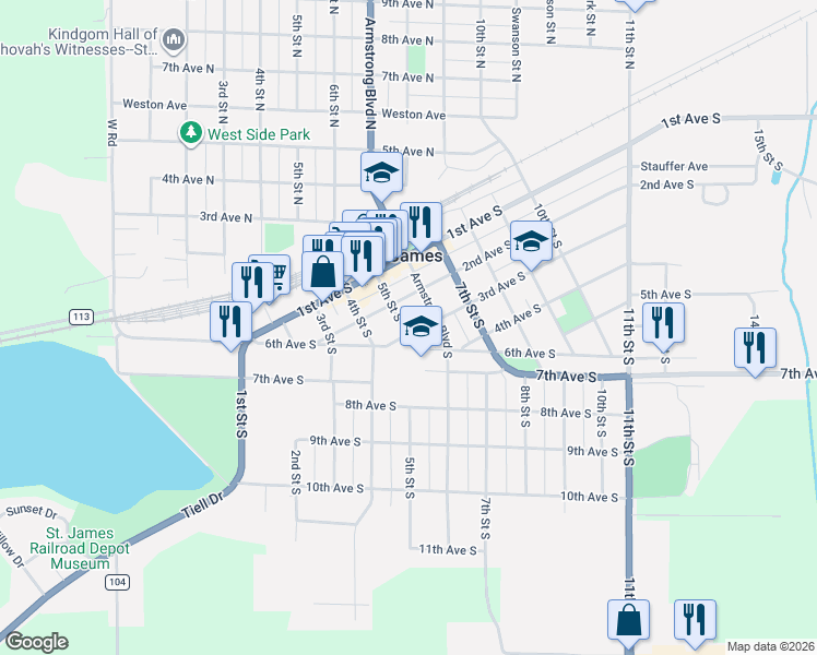 map of restaurants, bars, coffee shops, grocery stores, and more near 519 3rd Avenue South in Saint James