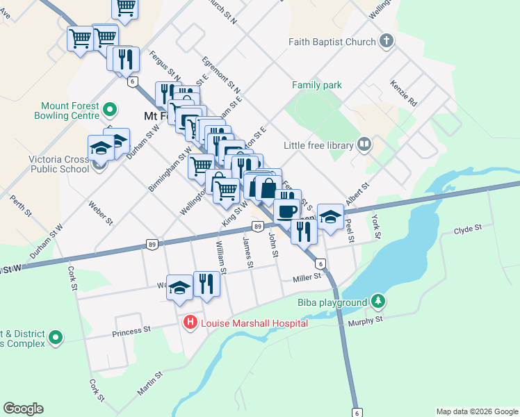 map of restaurants, bars, coffee shops, grocery stores, and more near 253 Highway 6 in Wellington North