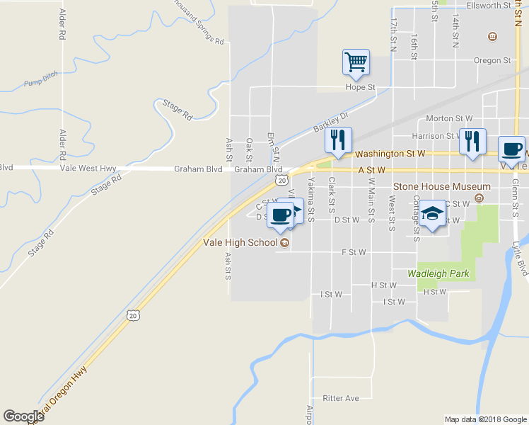 map of restaurants, bars, coffee shops, grocery stores, and more near 1111 D St W in Vale