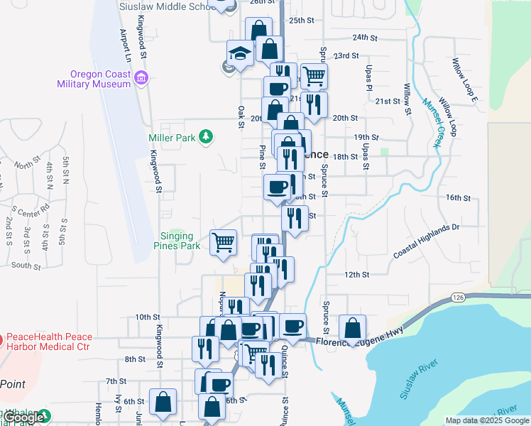 map of restaurants, bars, coffee shops, grocery stores, and more near 1510 Pine Street in Florence