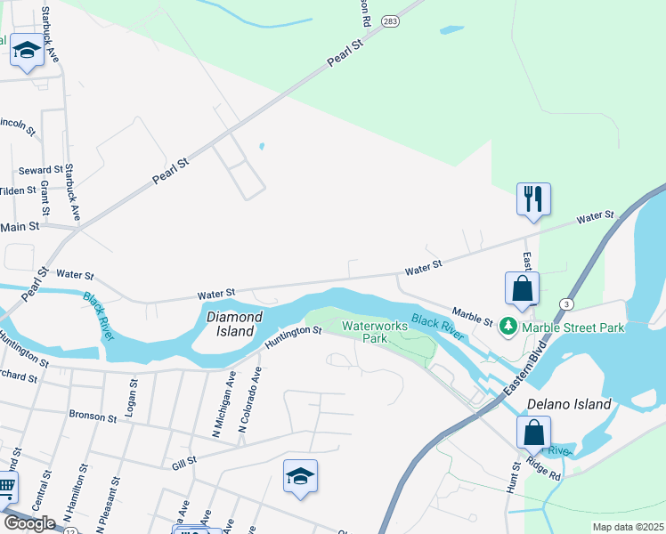 map of restaurants, bars, coffee shops, grocery stores, and more near 853 Water Street in Watertown