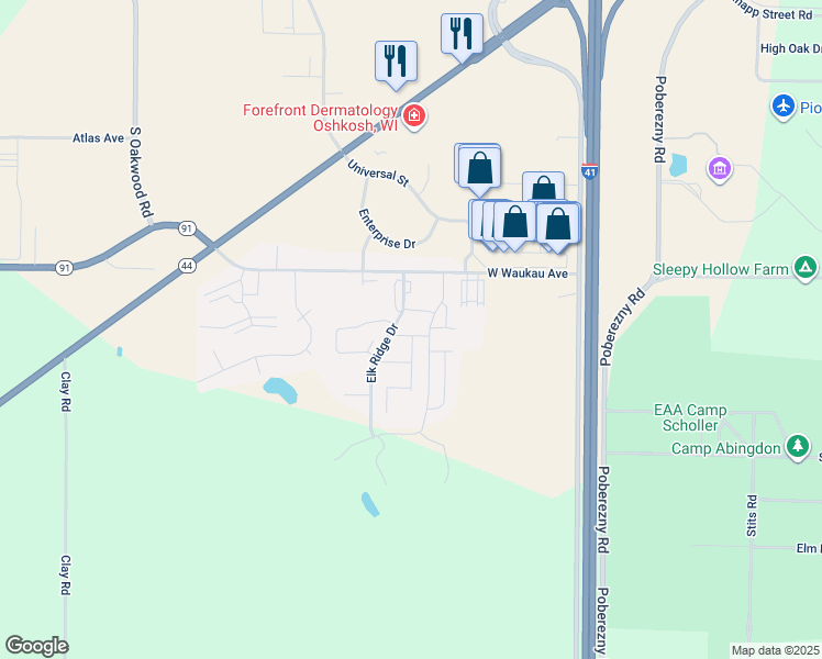 map of restaurants, bars, coffee shops, grocery stores, and more near 3145 White Tail Lane in Oshkosh