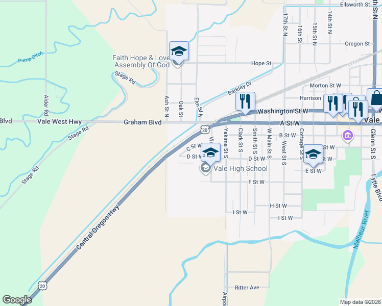 map of restaurants, bars, coffee shops, grocery stores, and more near 1111 D Street West in Vale