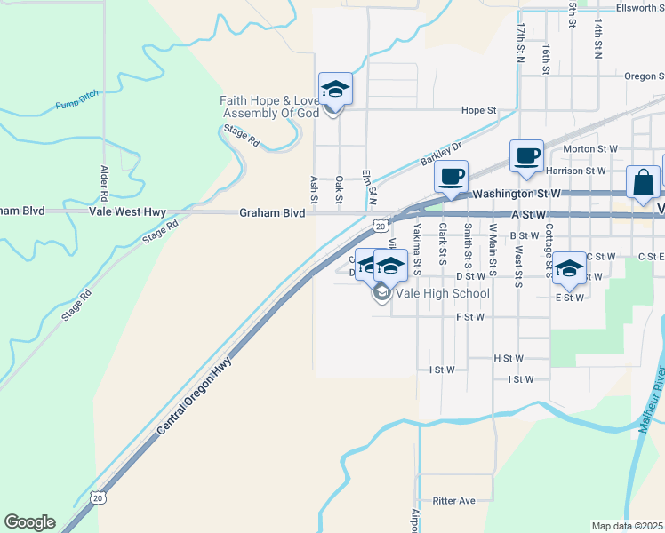 map of restaurants, bars, coffee shops, grocery stores, and more near 1123 C Street West in Vale