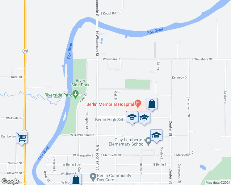 map of restaurants, bars, coffee shops, grocery stores, and more near 432-498 Oak Street in Berlin