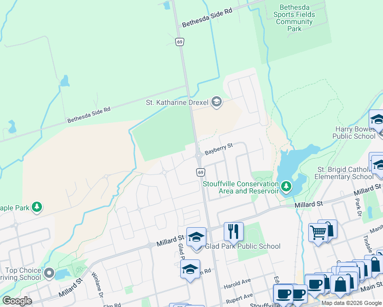 map of restaurants, bars, coffee shops, grocery stores, and more near 699 Baker Hill Boulevard in Whitchurch-Stouffville