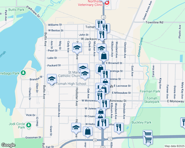 map of restaurants, bars, coffee shops, grocery stores, and more near 709 McLean Avenue in Tomah