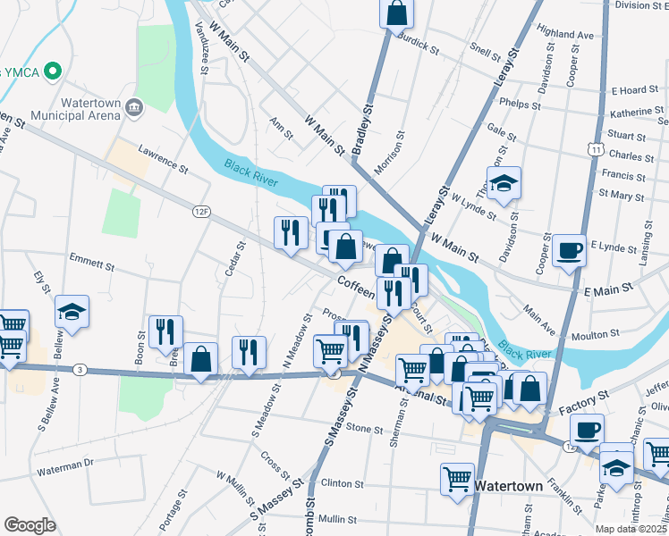map of restaurants, bars, coffee shops, grocery stores, and more near 468 Coffeen St in Watertown