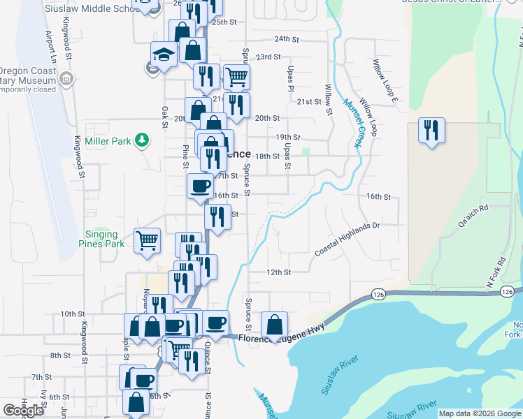 map of restaurants, bars, coffee shops, grocery stores, and more near 2083 15th Street in Florence