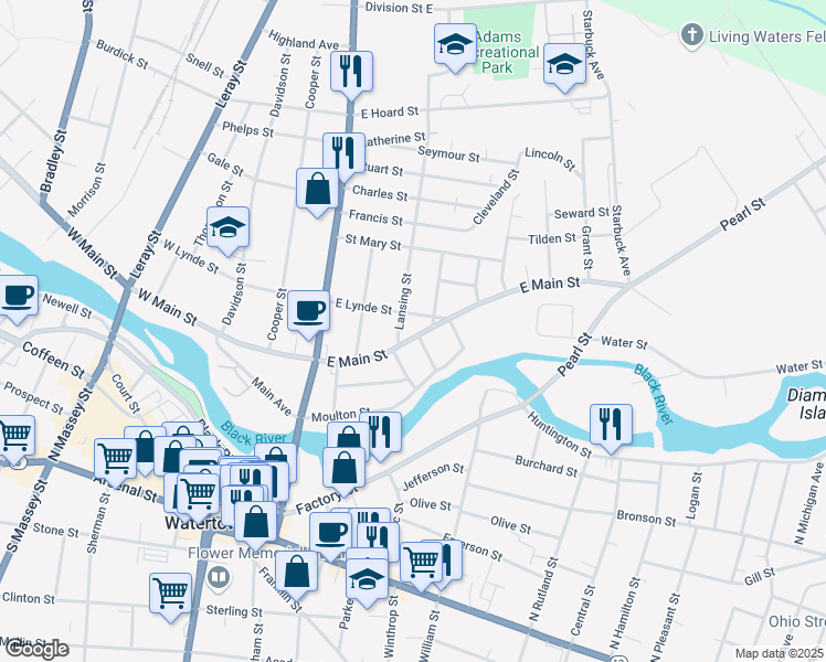 map of restaurants, bars, coffee shops, grocery stores, and more near 217 East Main Street in Watertown