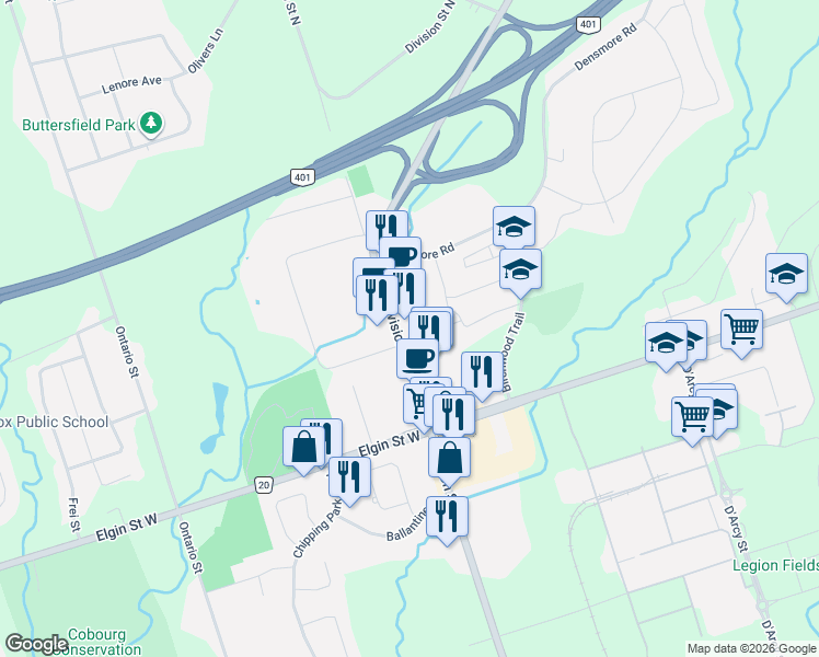 map of restaurants, bars, coffee shops, grocery stores, and more near 1024 Division Street in Cobourg