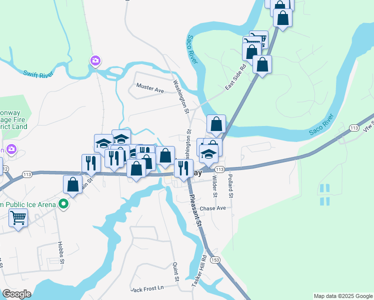 map of restaurants, bars, coffee shops, grocery stores, and more near 36 Washington Street in Conway