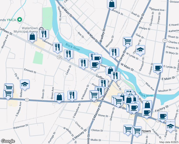 map of restaurants, bars, coffee shops, grocery stores, and more near Coffeen St & Howk St in Watertown